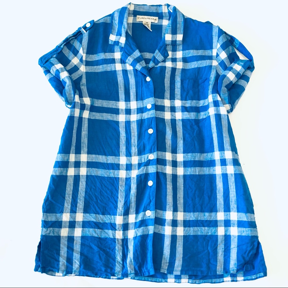 Evan Picone 100% Linen Blue Plaid Button Up - Women’s M